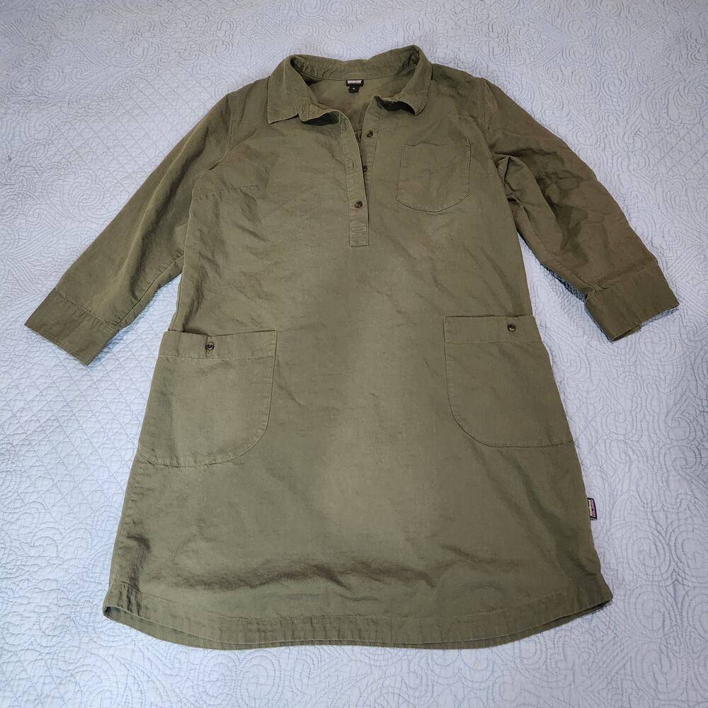 Patagonia XL Rocky Peak Olive Green Shirt Dress with Pockets Cotton Tencel Linen